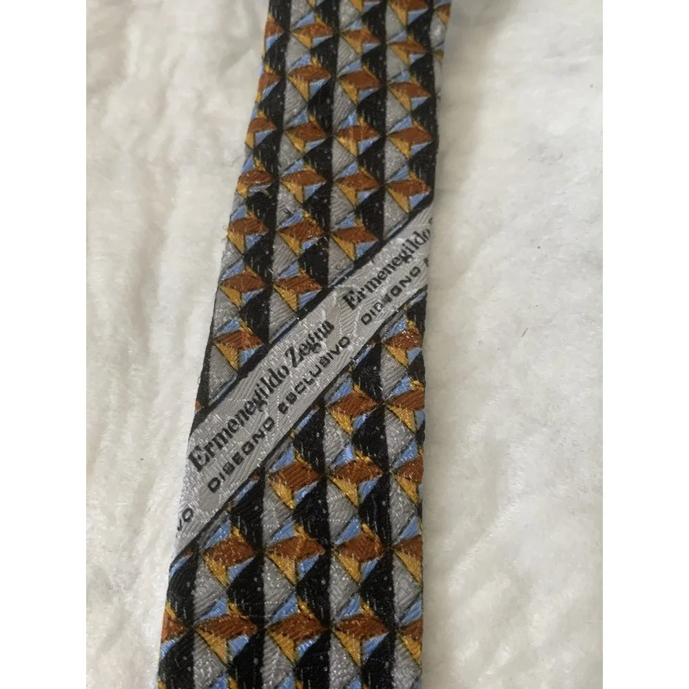 Ermenegildo Zegna Tie 100% Silk Blue Brown Black Geometric